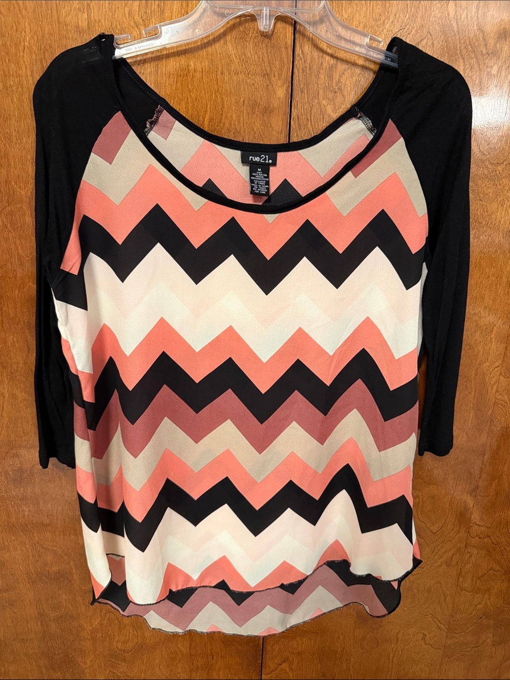 Rue21 Black, Pink and Cream Chevron Raglan Long Sleeve Top